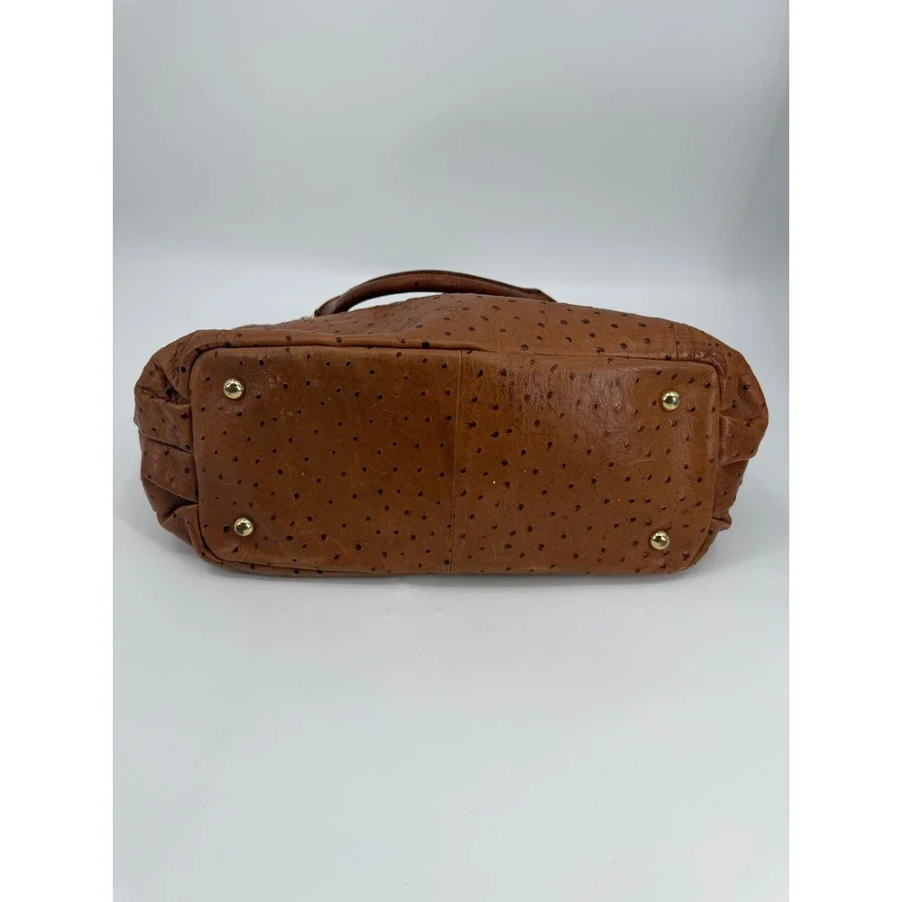 GILI Ostrich Embossed Leather Satchel Handbag Cognac Brown Gold Tone Hardware